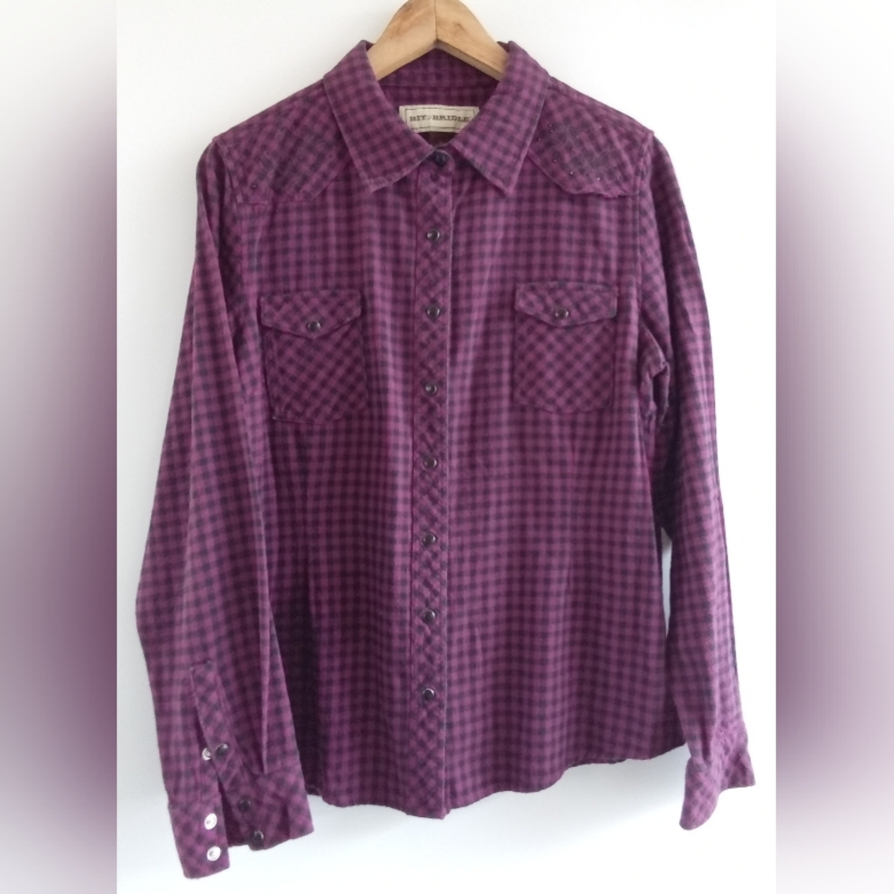 Bit & Bridle Women's Purple & Black Gingham Flannel Shirt, Size L